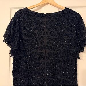 Mac Duggal Black Beaded Floral Ruffle-Sleeve Gown